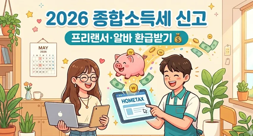 종합소득세 신고: 노트북을 든 프리랜서와 앞치마를 두른 알바생이 밝게 웃고 있는 일러스트입니다. 홈택스(Hometax) 화면을 클릭하자 지폐와 동전이 튀어나와 상단의 분홍색 돼지저금통으로 들어가는 모습이 묘사되어 있습니다. 상단에는 '2026 종합소득세 신고 프리랜서·알바 환급받기' 텍스트가 적혀 있으며, 5월 종소세 신고를 통한 세금 환급 과정을 직관적으로 표현했습니다
