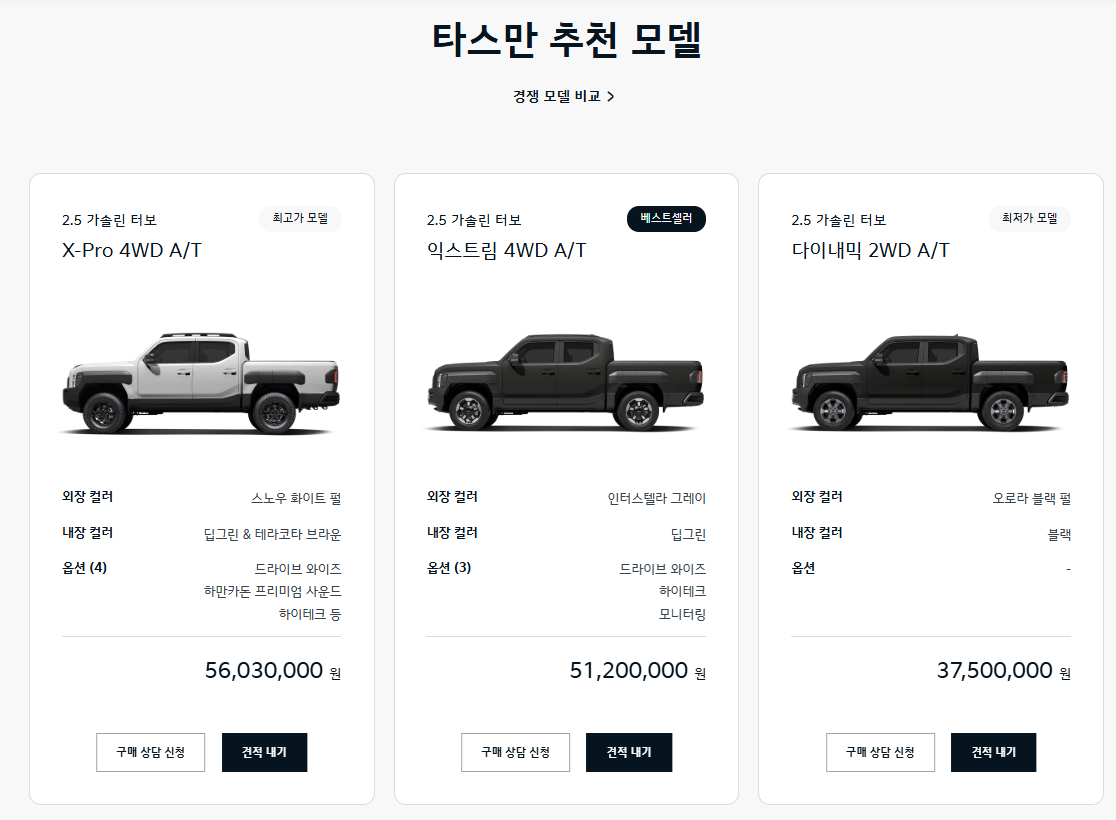 2025 타스만 포토 제원 정보 가격 연비 모델비교 알아보기