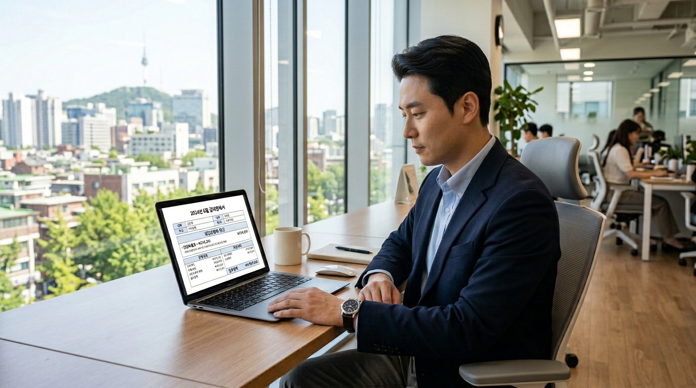 2026년 4월 건강보험료 연말정산 결과를 노트북으로 확인하며 미소 짓는 한국인 직장인 이미지