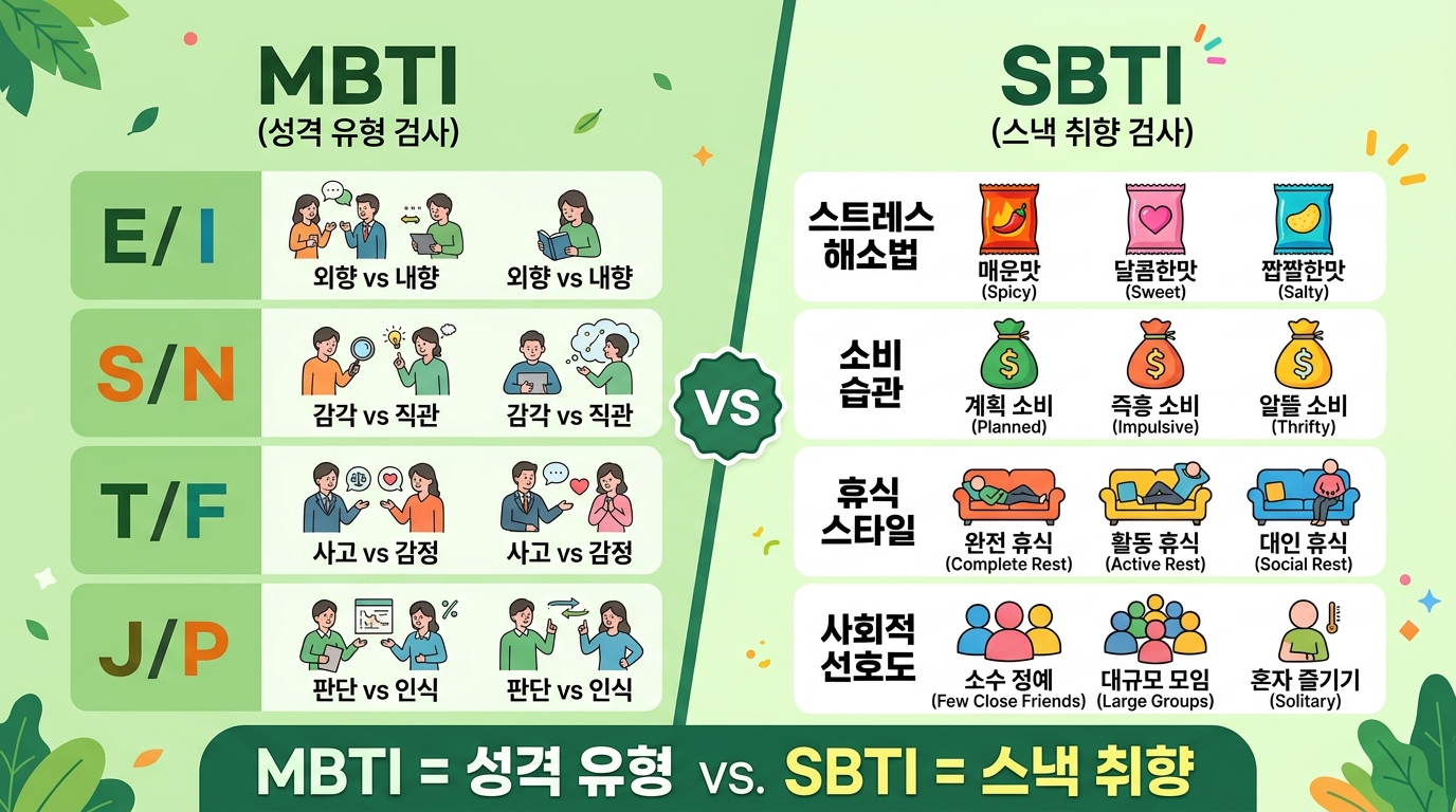 MBTI와 성격 테스트의 기준 차이를 한눈에 비교해주는 SBTI 지표 해석법 인포그래픽