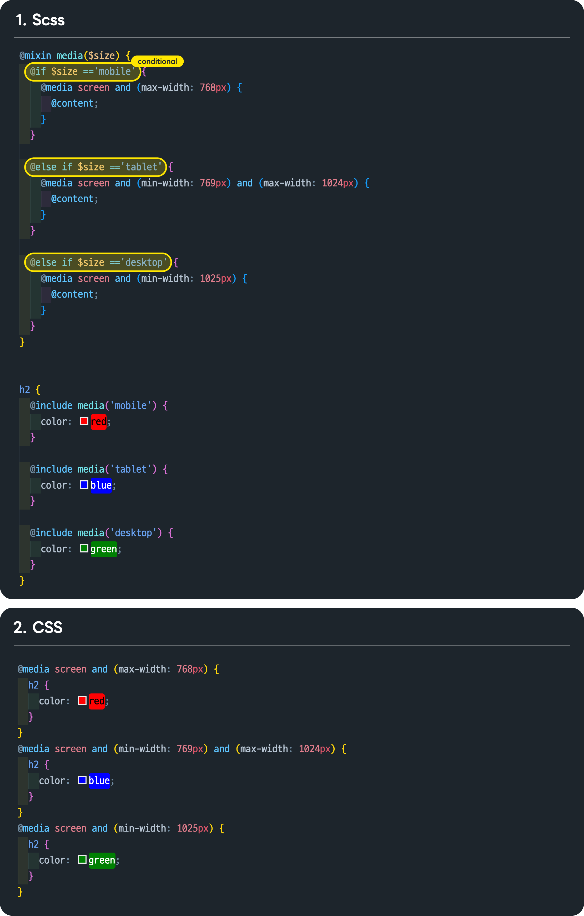 @if와 @mixin을 활용해서 재사용 가능한 Media Query를 스타일링하는 방법. CSS컴파일링된 예시와 함께 비교.