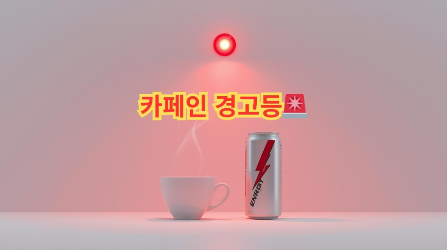 카페인 과다 섭취를 경고하는 커피잔과 에너지 음료 캔 위에 붉은 경고등이 켜진 모습