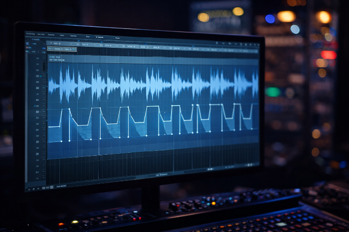 스튜디오에서 곡의 템포와 리듬에 맞춰 게이트 릴리즈를 정밀하게 편집하는 장면