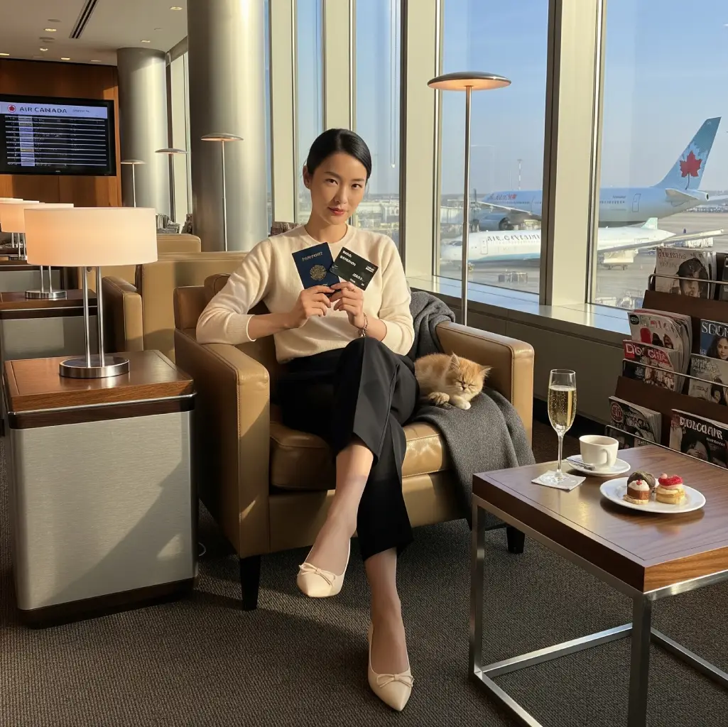 에어캐나다 라운지 창가에 앉아 여권과 아멕스 본보이 카드를 들고, 자신감 있게 미소 짓는 세련된 한국 여성