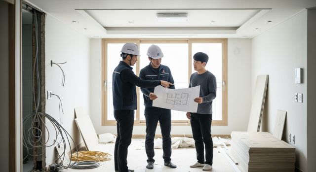 아파트 리모델링 공사 중 시공사와 고객이 도면을 확인하며 논의하는 장면