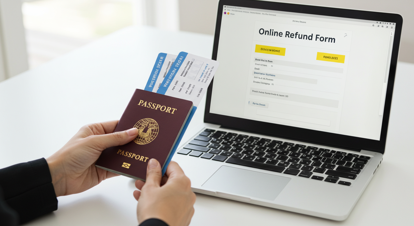 여권과 항공권을 들고 노트북에서 온라인 환급 신청서를 작성하는 장면