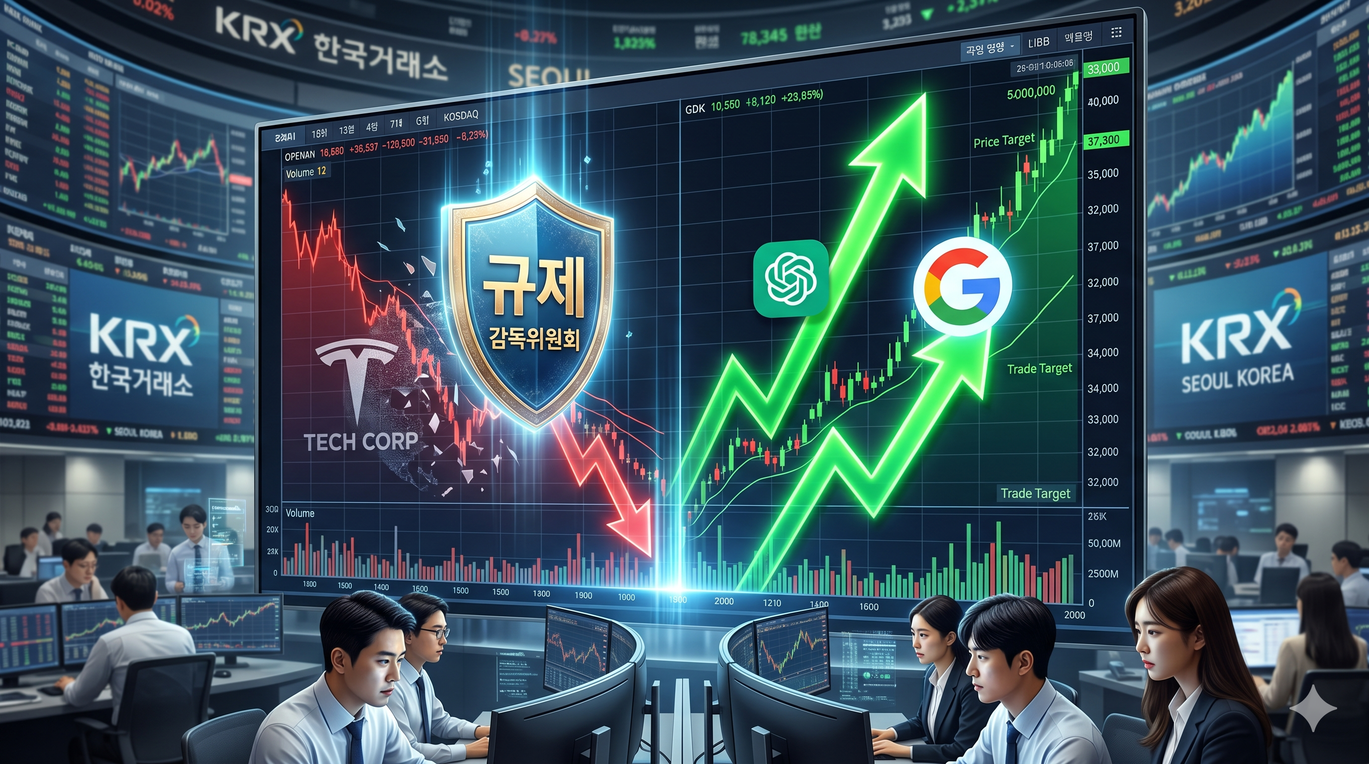 주식 시장 전광판을 배경으로 규제 장벽에 가로막힌 기업과 상승 화살표를 타고 오르는 오픈AI 및 빅테크 수혜주 주가 흐름을 묘사한 그래픽 이미지