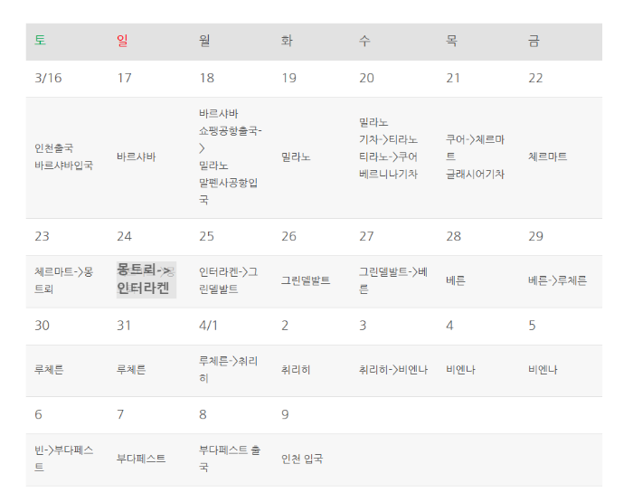 2024년 3월, 4월 스위스 여행 스케줄