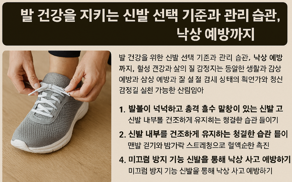 쿠션감 있는 운동화를 묶는 손, 발가락 스트레칭, 미끄럼 방지 밑창 등 발 건강을 위한 실천 전략이 함께 담긴 실사 이미지