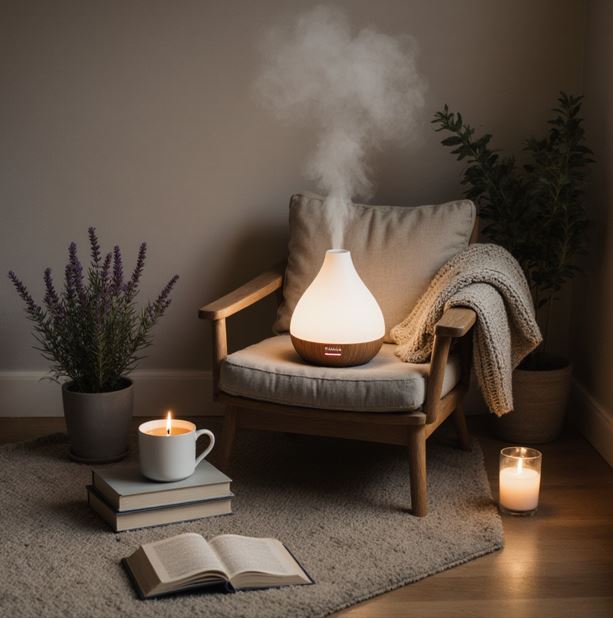 편안한 아로마 힐링 공간으로 편안한 암체어와 독서를 위한 책이 놓여있다. 아로마 기기 디퓨저에서 나오는 은은한 미스트와, 따뜻한 간접조명 그리고 아로마 캔들 2개의 부드러운 불빛이 실내를 밝히고 있다.