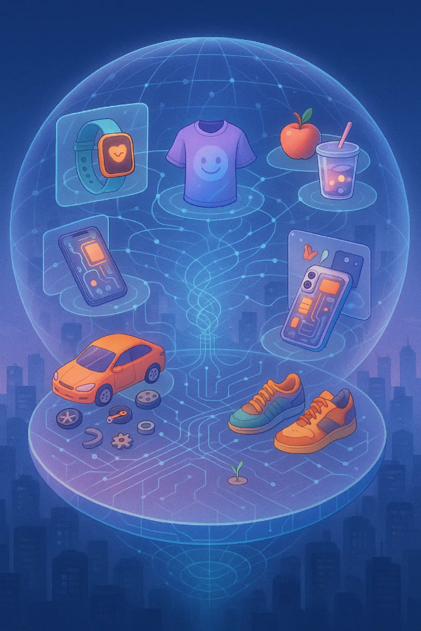 도심 상공에 떠 있는 투명 돔 안에 스마트워치, 감정 반응 식품, 커스터마이징 운동화와 전자기기, 자동차 키트가 입체적으로 연결되어 있는 AI 기반 개인화 소비 생태계를 표현한 미래 일러스트