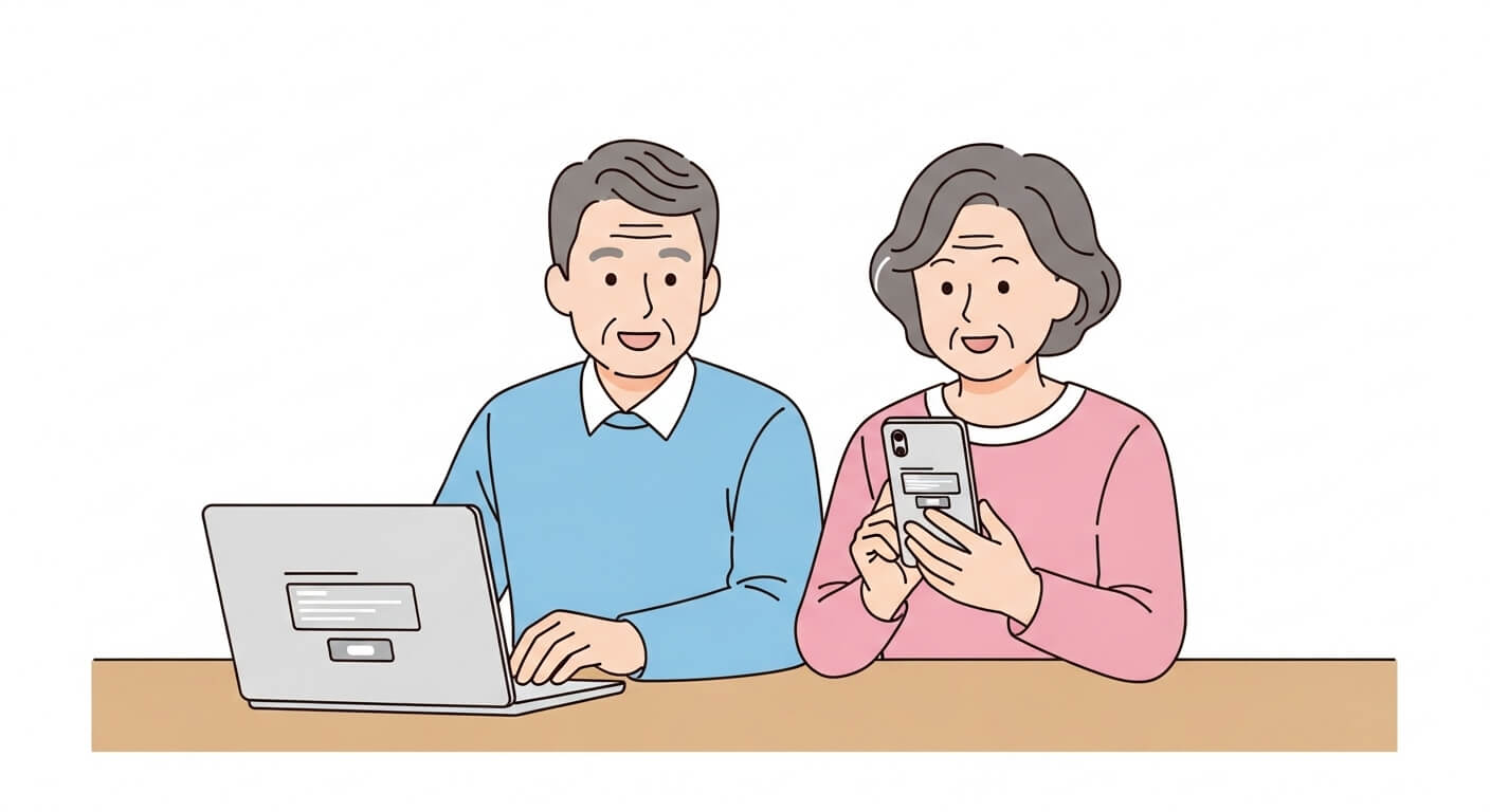 기초연금을 신청하는 노부부가 집에서 노트북과 스마트폰을 이용해 온라인으로 신청하는 장면 3