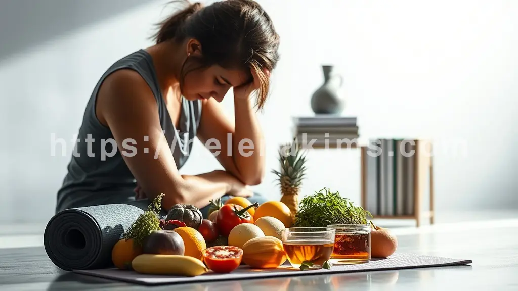 배경에 건강한 식단(신선한 과일, 채소)과 요가 매트, 허브차 등 건강한 생활 습관을 상징하는 오브제들이 정갈하게 놓여 있다. 그 옆에는 고통스러워 하는 여성의 모습.