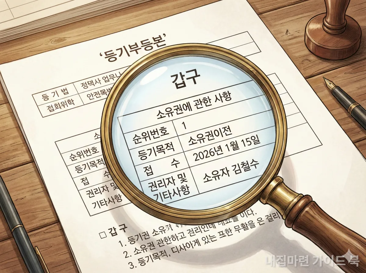 등기부등본 갑구 섹션을 돋보기로 자세히 들여다보는 일러스트