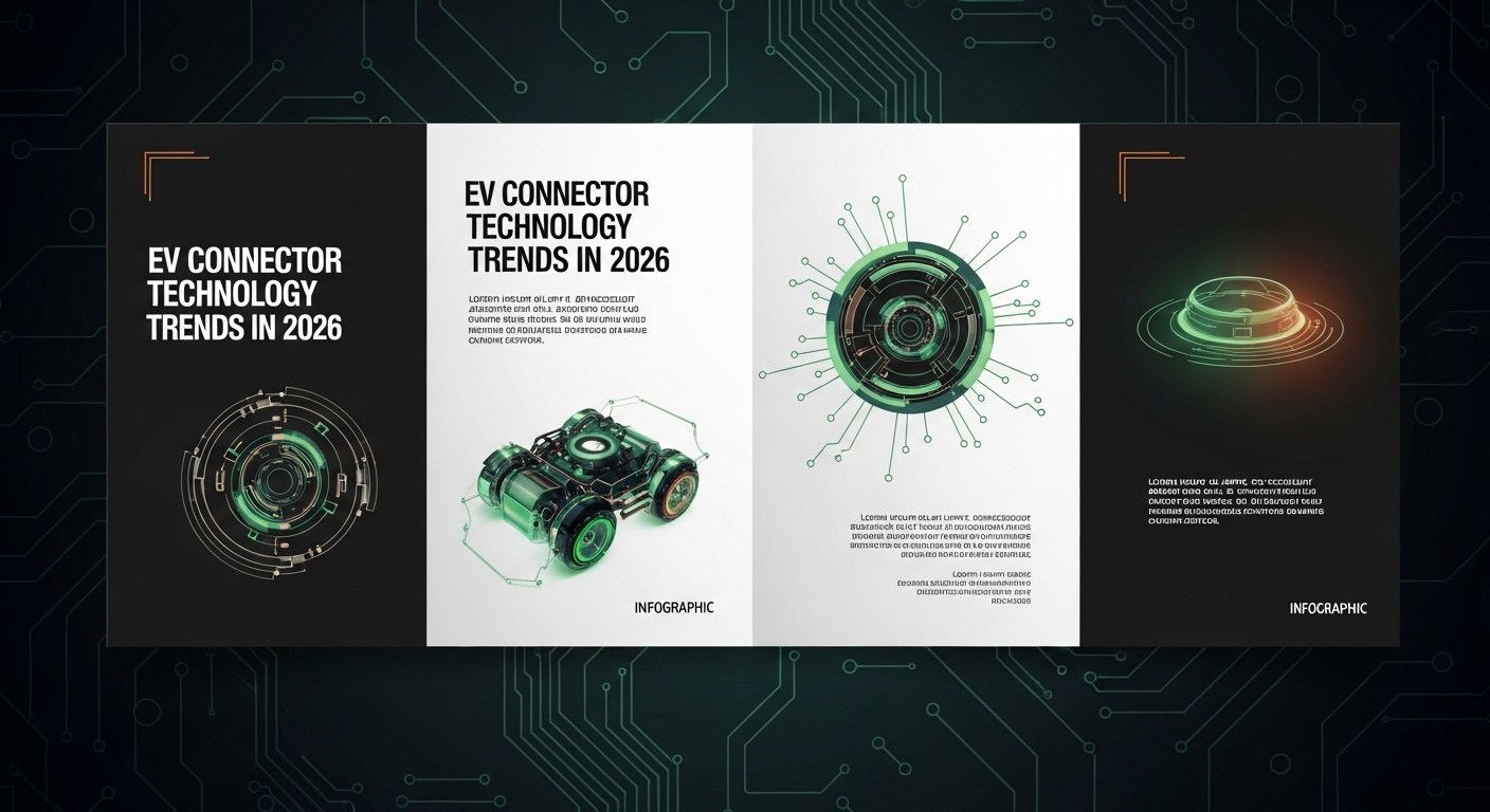A futuristic four-panel technology trend infographic for EV connectors in 2026. Four panels labeled 800V High Voltage, Solid-State Battery CIB Redesign, Immersion Cooling Connector, Active-Cooled 350kW Charging. Each panel shows a glowing technical illustration and a key impact arrow. Dark background with green and orange gradient accents, modern fintech infographic style.
