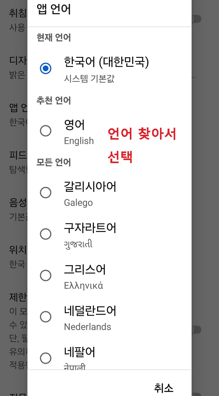 앱 언어 선택창 보임