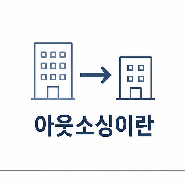 아웃소싱 대표 이미지, 두 건물을 화살표로 잇는 단순한 선 일러스트