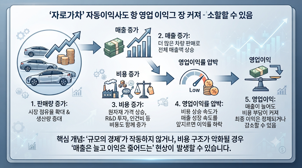 현대차 판매량과 매출은 증가해도 영업이익률이 하락할 수 있음을 보여주는 실적 분석 이미지