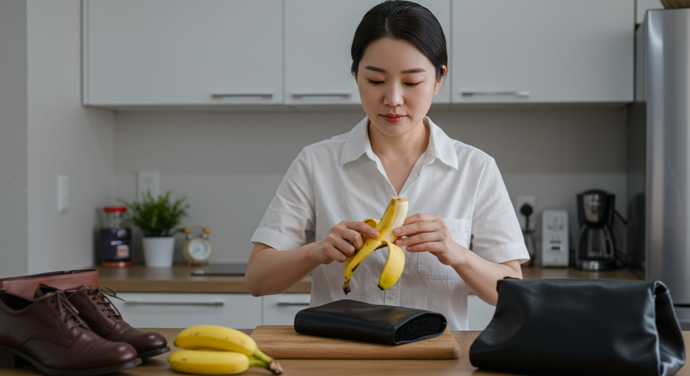 바나나 껍질로 가죽지갑 수리하는 여성