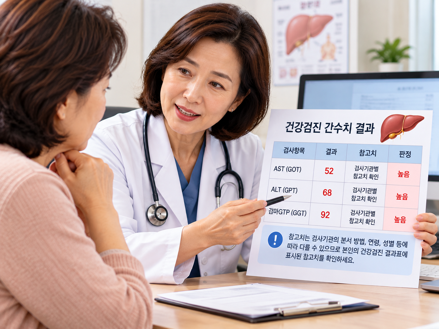 의사가 건강검진 간수치 결과를 설명하며 환자와 상담하는 이미지