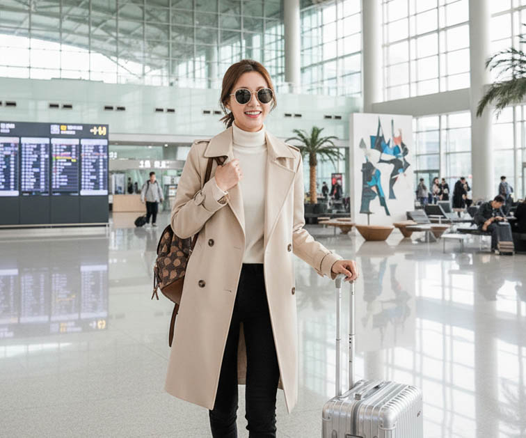 인천공항 실내에서 트렌치코트를 입고 캐리어를 끌며 여행을 준비하는 세련된 한국 여성 모습