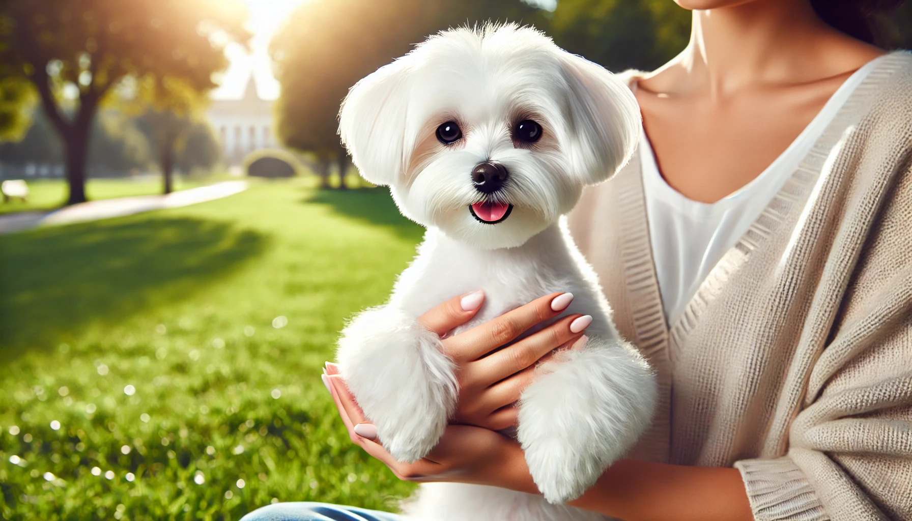 밝은 자연광 아래, 눈물자국 없는 말티즈가 보호자 품에 안겨 웃고 있는 모습