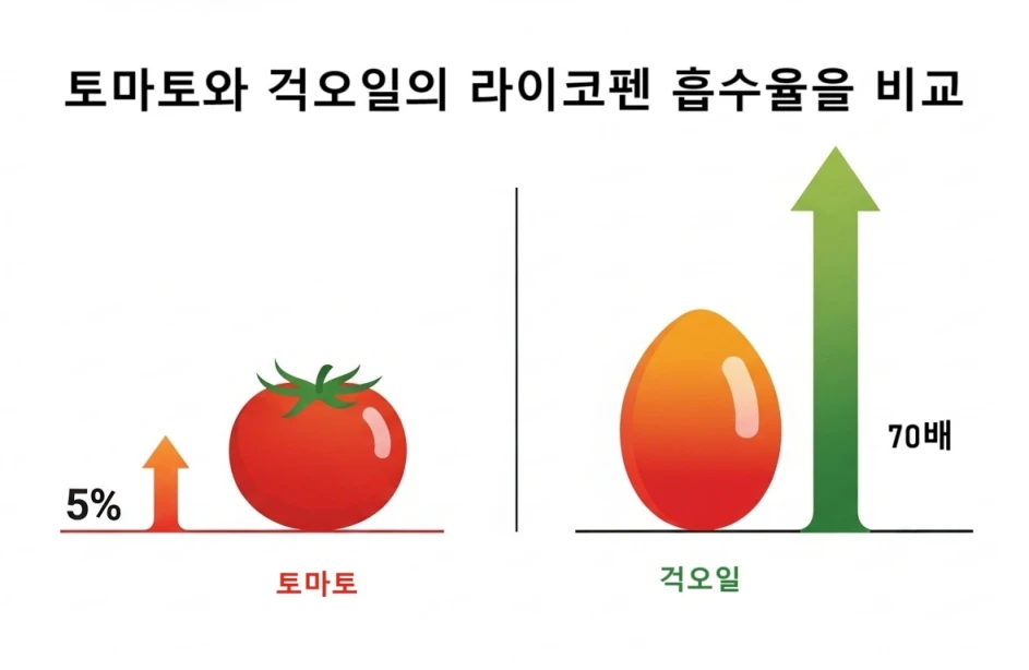 토마토와 걱오일의 라이코펜 흡수율을 비교하는 인포그래픽. 걱오일이 토마토보다 훨씬 높은 흡수율을 보여준다.