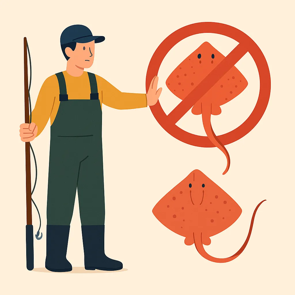 금어기 동안 참홍어 포획을 멈추는 어부와 금지 표시