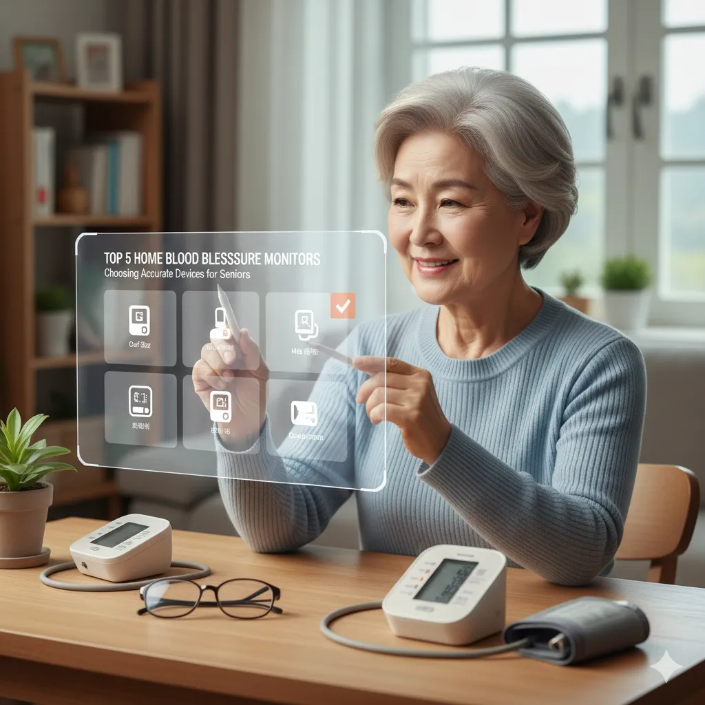 시니어 여성이 가정에서 팔뚝형 혈압계로 혈압을 측정하는 모습으로 정확한 가정용 혈압계 사용법을 보여주는 이미지