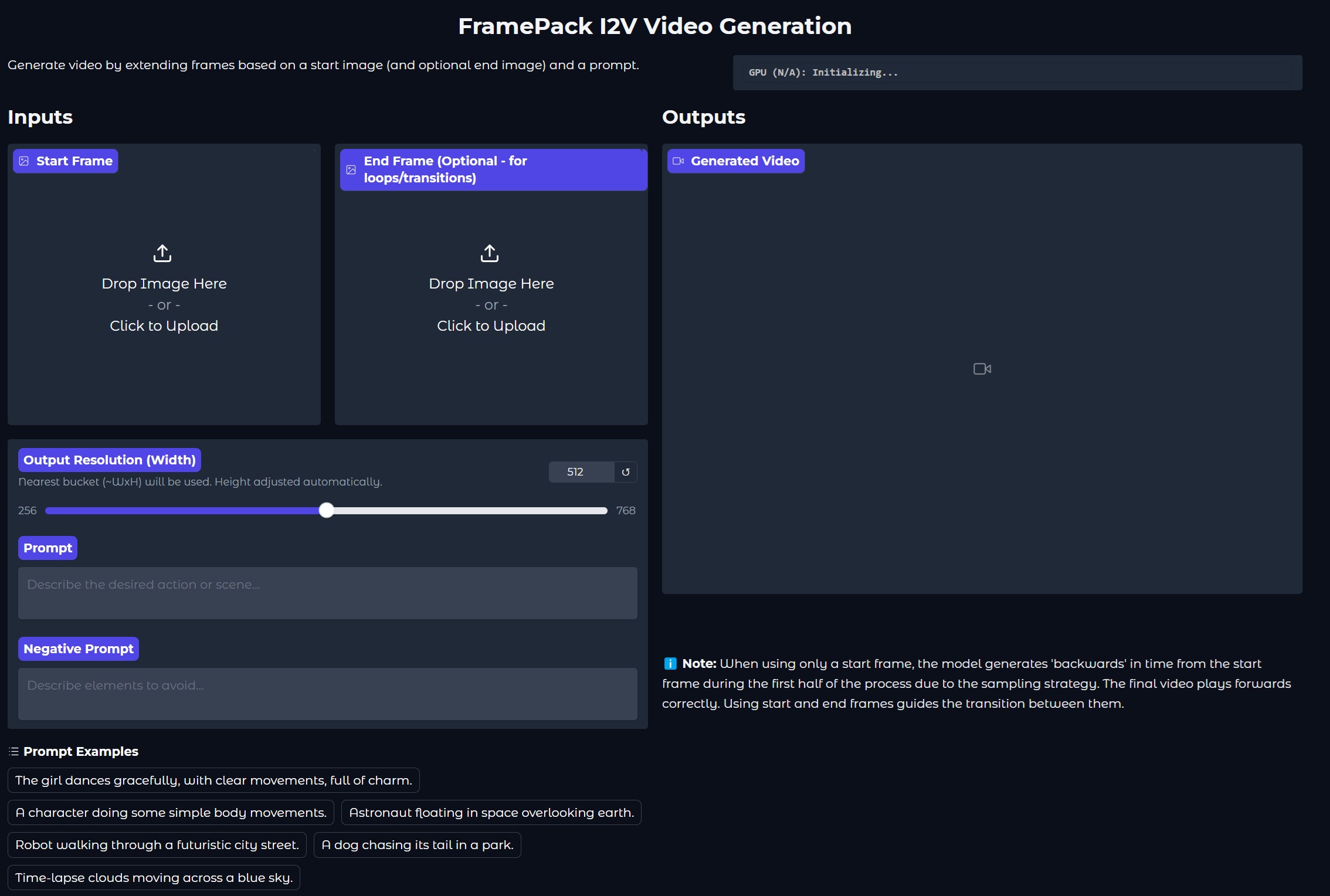 FramePack I2V 실행창에서 입력 프레임, 해상도, 프롬프트를 입력하는 UI 구성