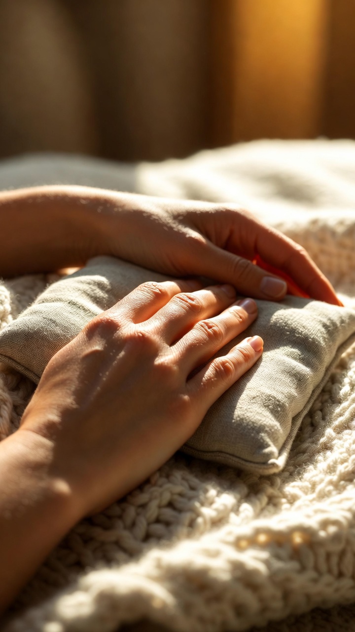 아침 손 뻣뻣함 완화를 위해 온찜질을 하고 있는 손 모습