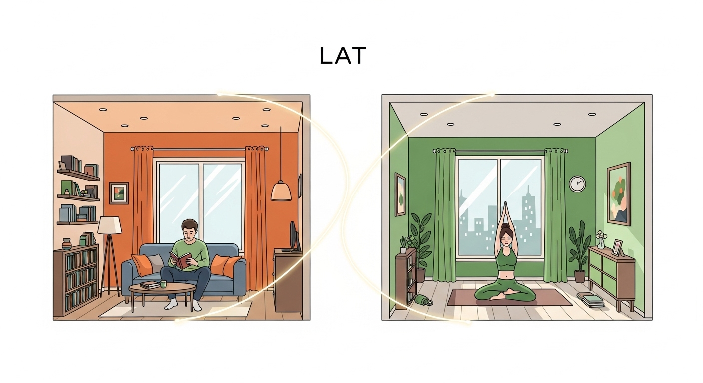 각자의 공간에서 독립적인 삶을 살면서도 연결된 비동거 연애(LAT) 커플의 모습.