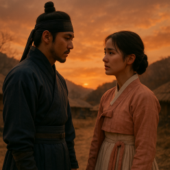 드라마 연인의 남녀 주인공이 해질녘 초가 마을에서 진지한 표정으로 마주 서 있는 모습