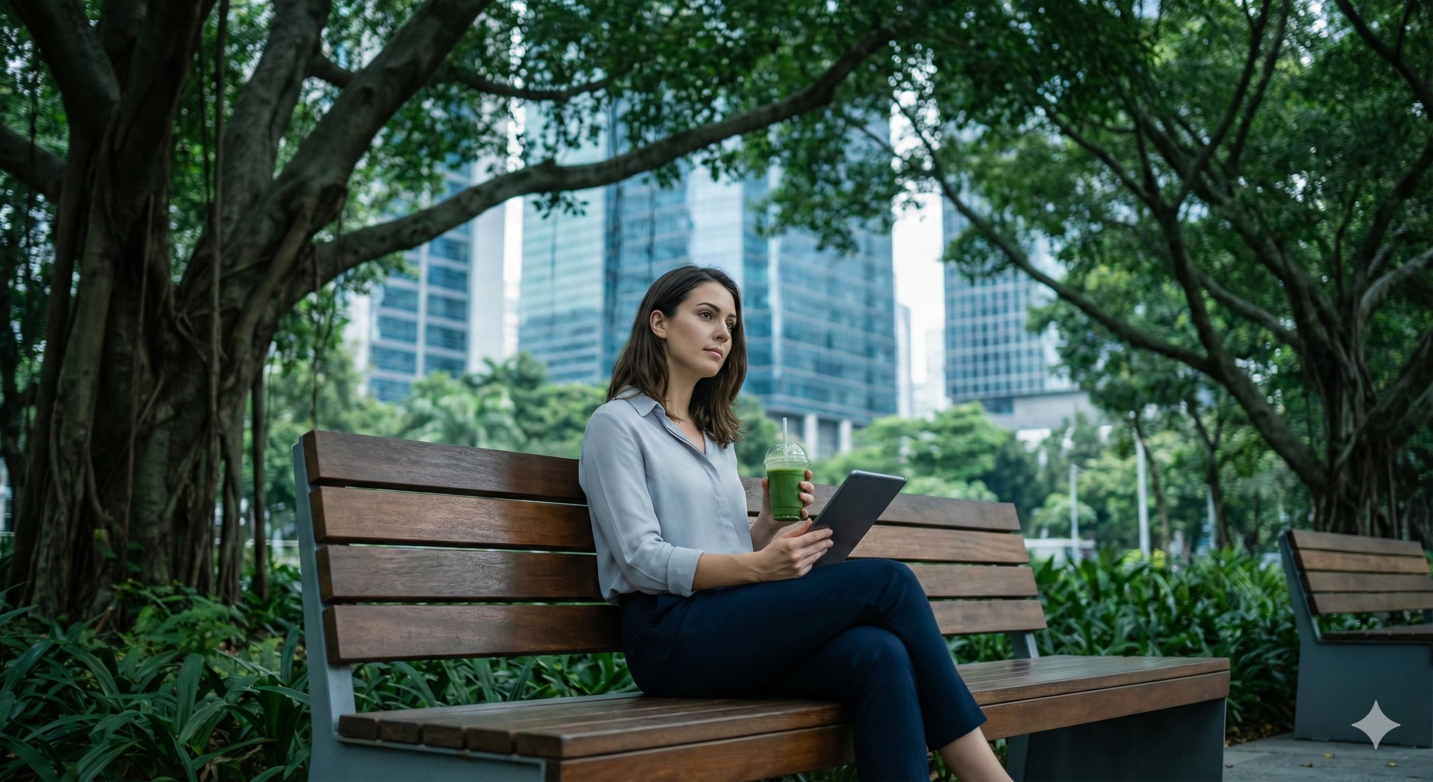 숲이 우거진 도심 공원의 세련된 벤치에 앉아, 건강 정보를 살피며 따뜻한 차를 마시는 우아하고 지적인 분위기의 젊은 여성