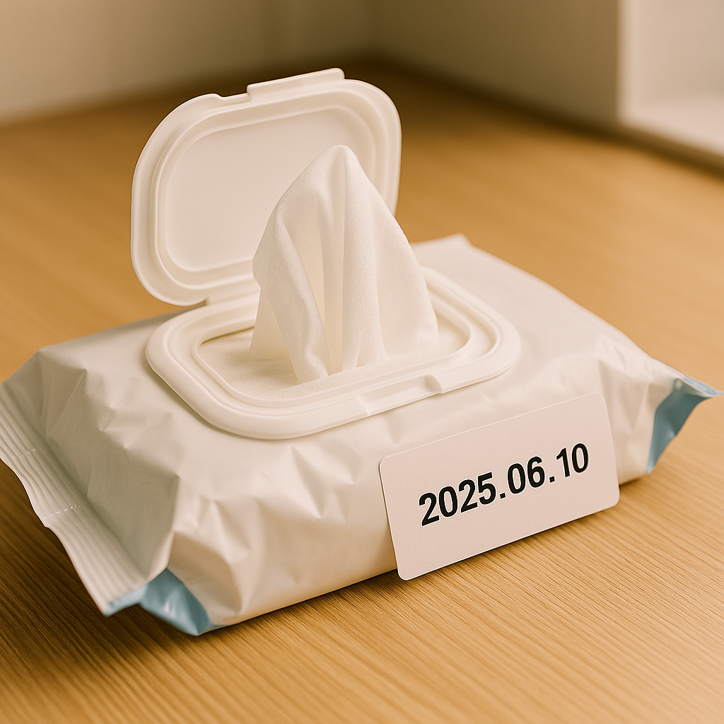 깔끔한 나무 테이블 위에 펼쳐진 물티슈 팩과 '2025.06.10'로 표시된 유통기한 라벨이 클로즈업된 장면