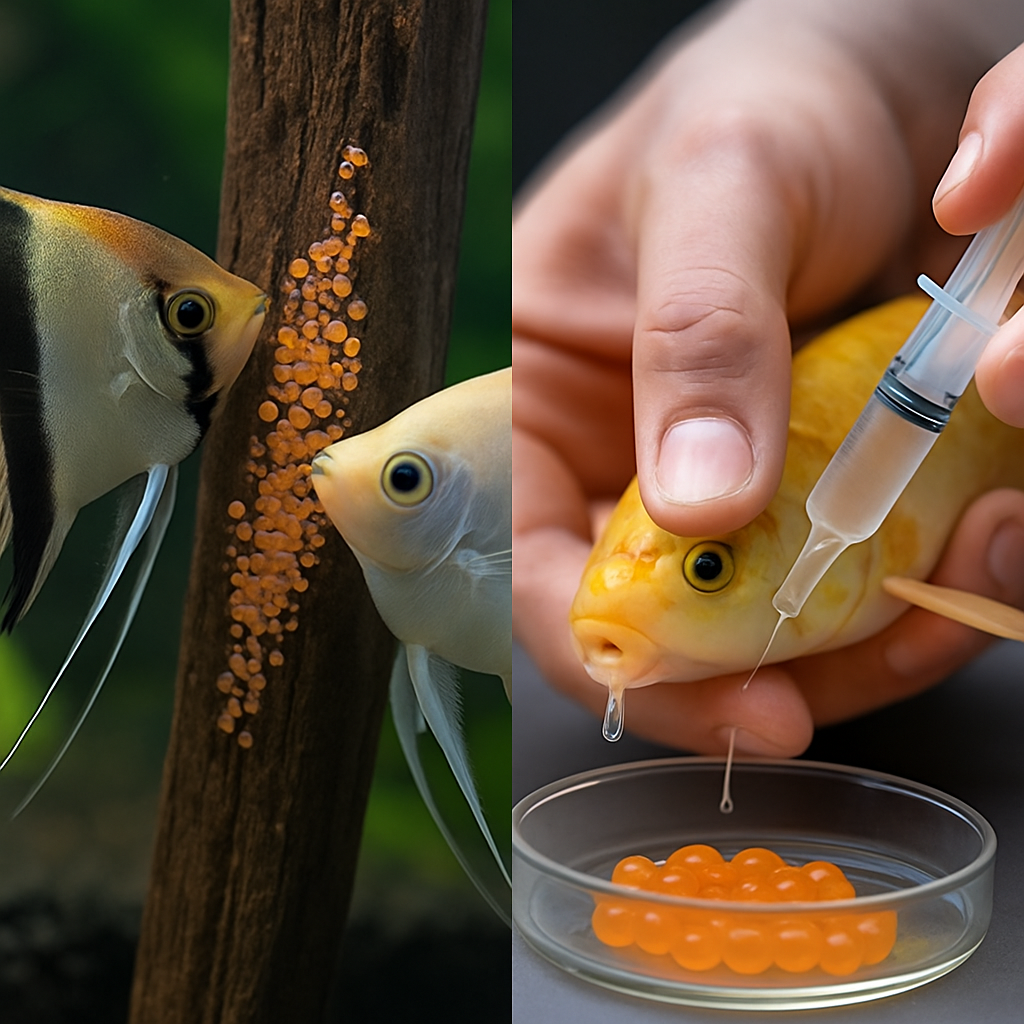 자연 번식과 인공 수정의 차이를 보여주는 이미지로, 왼쪽에는 두 마리의 엔젤피쉬가 유목에 부착된 알을 지키고 있고, 오른쪽에는 사람이 금붕어에서 정액을 추출하여 페트리 접시에 담긴 알에 인공 수정을 시도하는 장면이 묘사되어 있다.