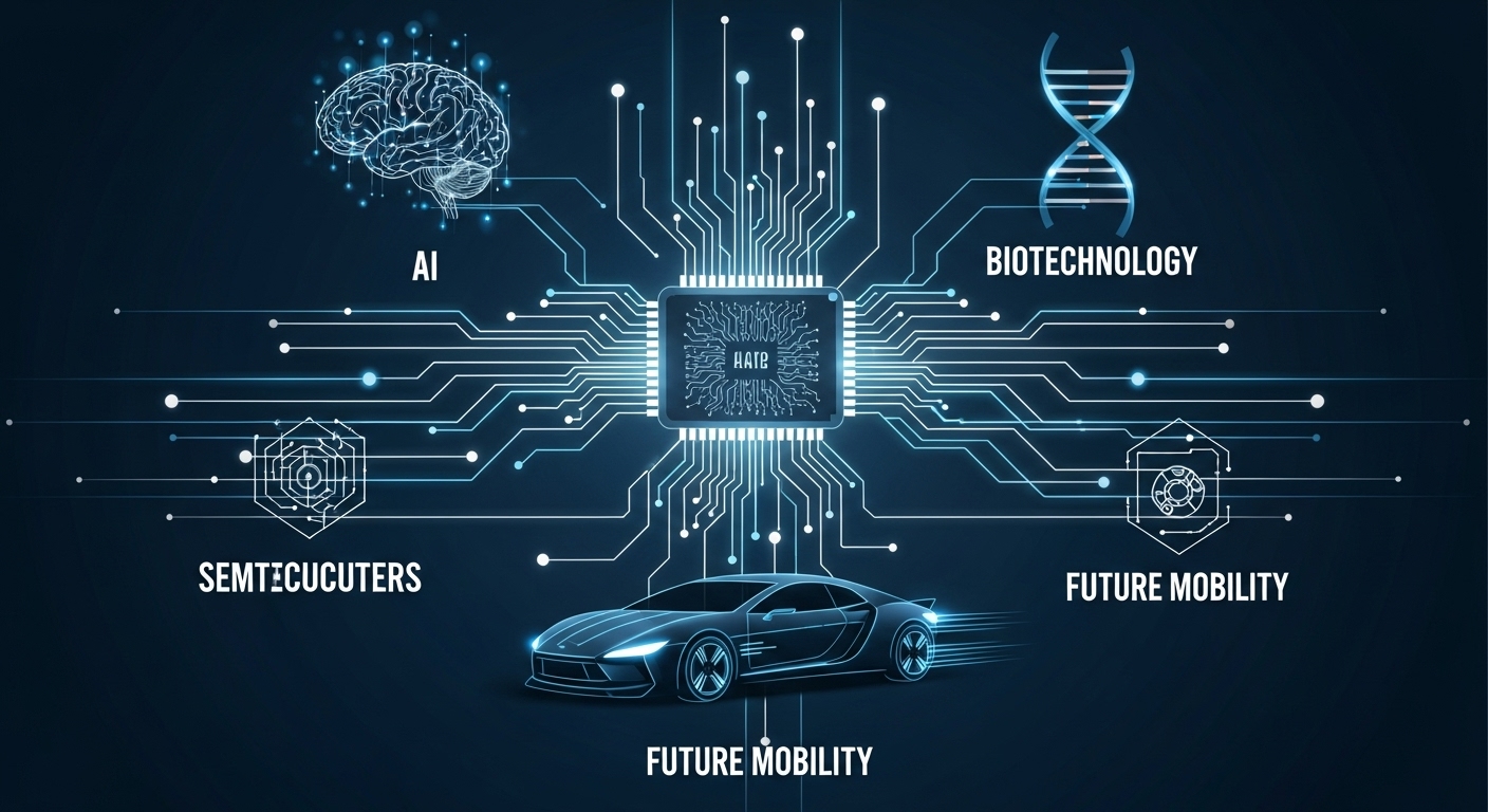 국가전략 기술 분야(반도체, AI, 바이오, 모빌리티)를 시각화한 인포그래픽.