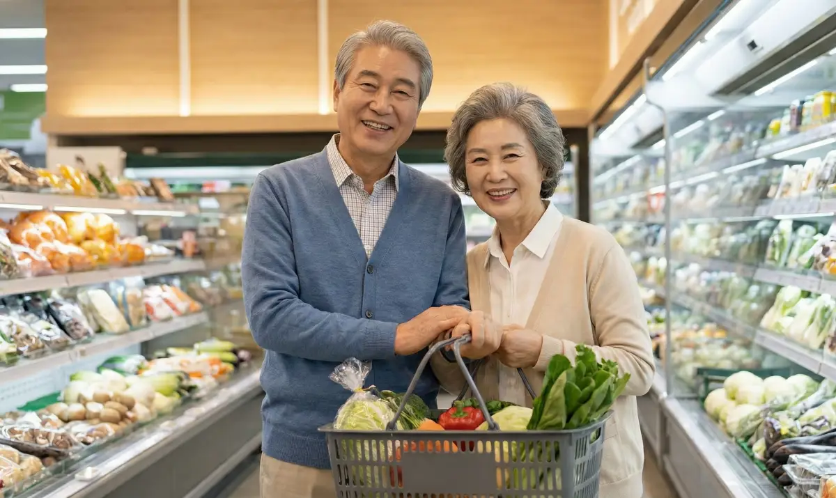 민생지원금을 활용하여 마트에서 행복하게 장을 보고 있는 노부부의 모습입니다.