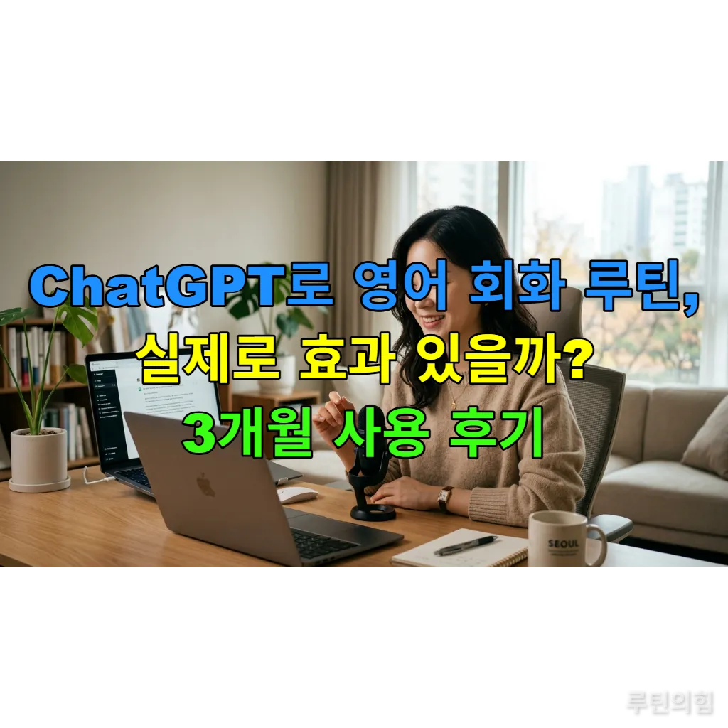 ChatGPT를 이용해 영어 회화를 연습하며 미소 짓는 한국인 여성