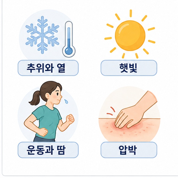 추위와 열, 햇빛, 운동과 땀, 피부 압박 같은 물리적인 자극으로 두드러기가 생길 수 있음을 보여주는 그림