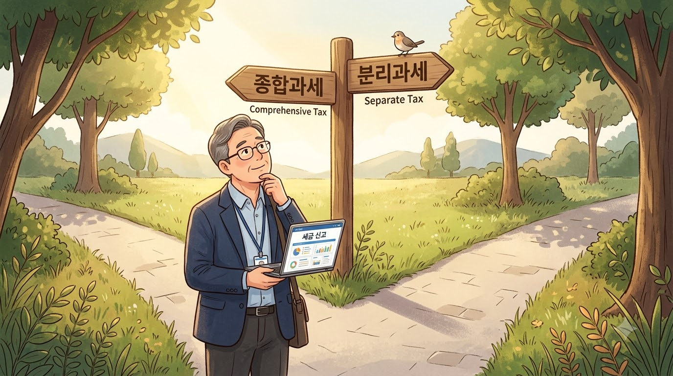 갈림길 표지판에 "종합과세"와 "분리과세"가 적혀 있고, 직장인이 홈택스 화면을 보며 고민하는 그림