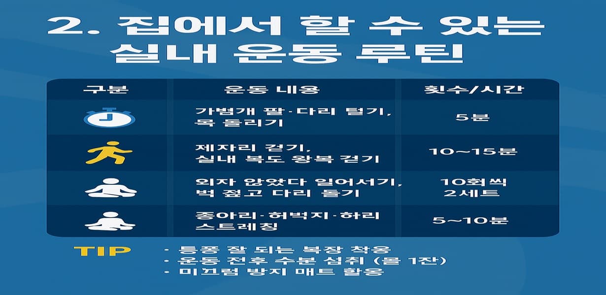 “고령자를 위한 실내 운동 루틴을 정리한 인포그래픽”