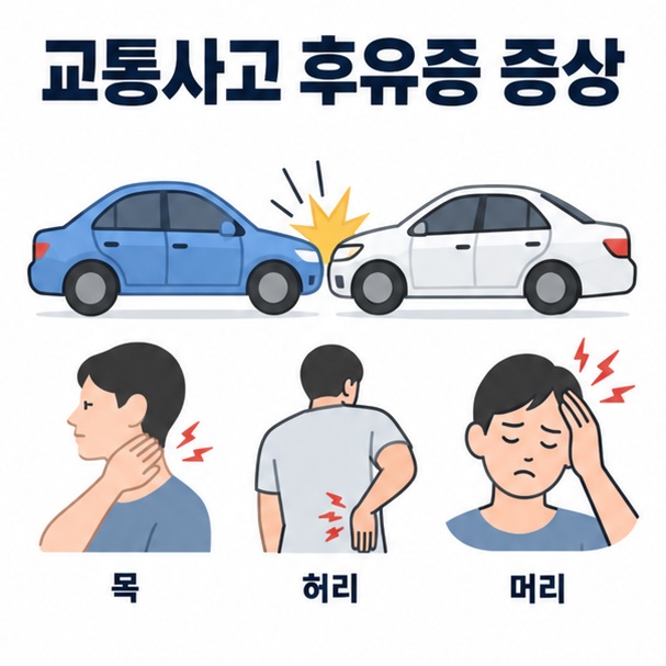 교통사고 차량과 목 허리 머리 증상 아이콘을 배경으로 교통사고 후유증 증상이라는 글자가 중앙에 놓인 의료 교육 인포그래픽
