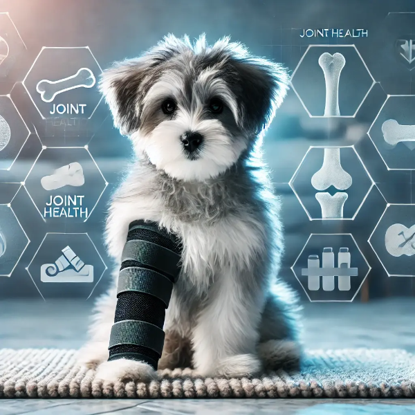 강아지가 슬개골 탈구 예방을 위해 무릎 보호대를 착용하고 있는 모습, 관절 건강 아이콘과 함께"