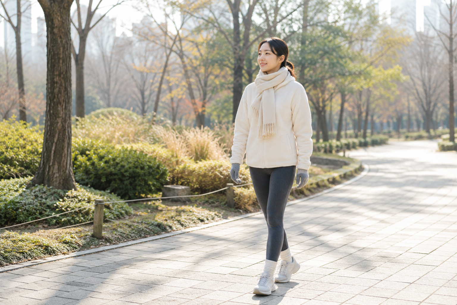 따뜻한 옷과 장갑을 착용하고 걷기를 실천하는 냉증 관리 모습