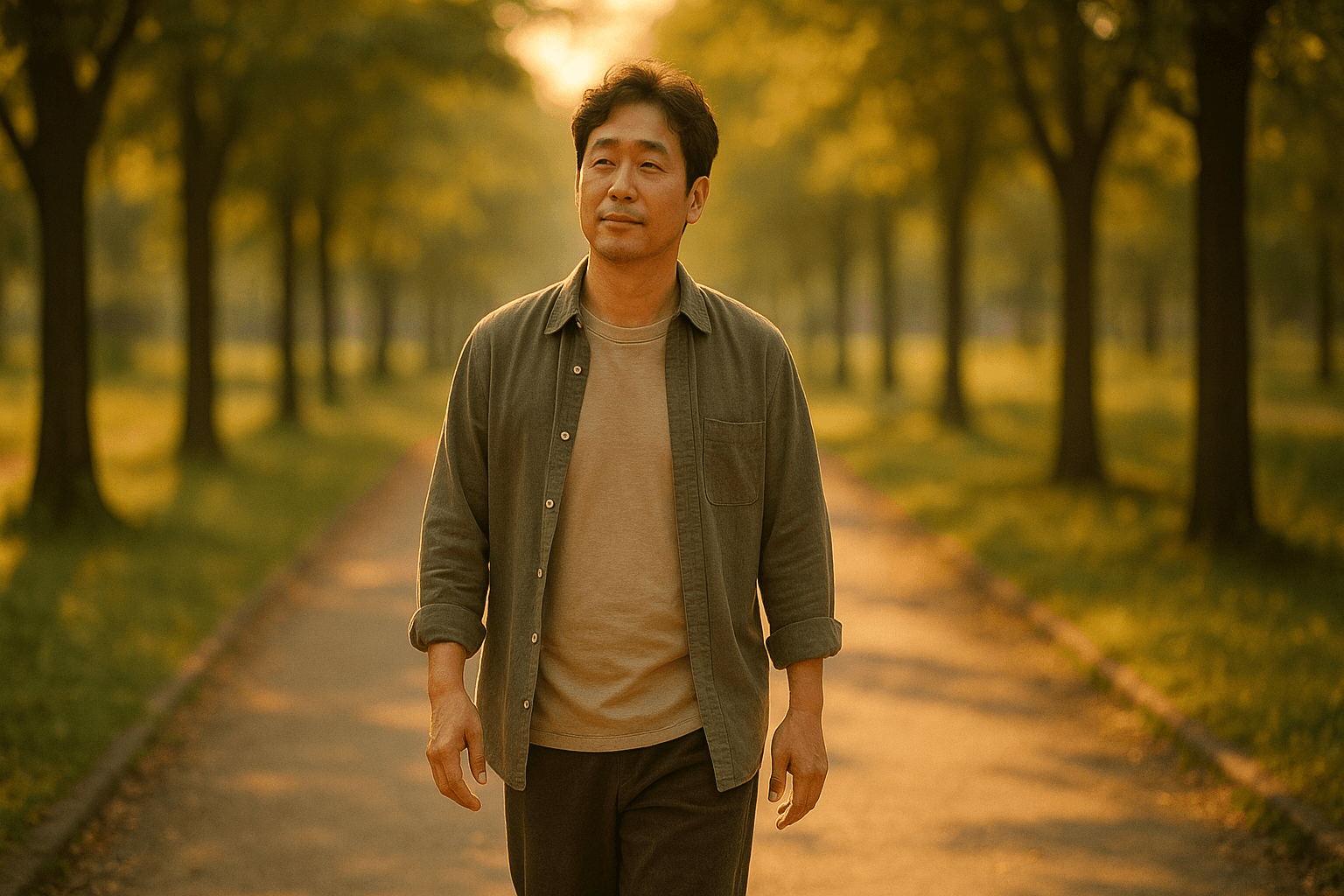 노을빛 공원 산책로에서 천천히 걷는 40대 한국 남성의 건강한 일상