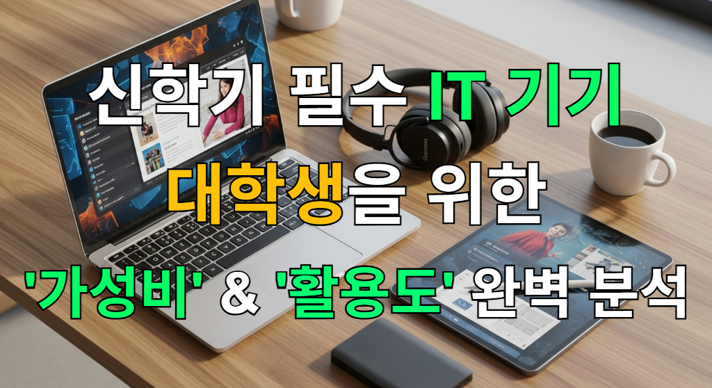 2025년 대학생 신학기 필수 IT 기기인 노트북, 태블릿, 헤드폰 등이 책상 위에 정돈되어 있는 모습.