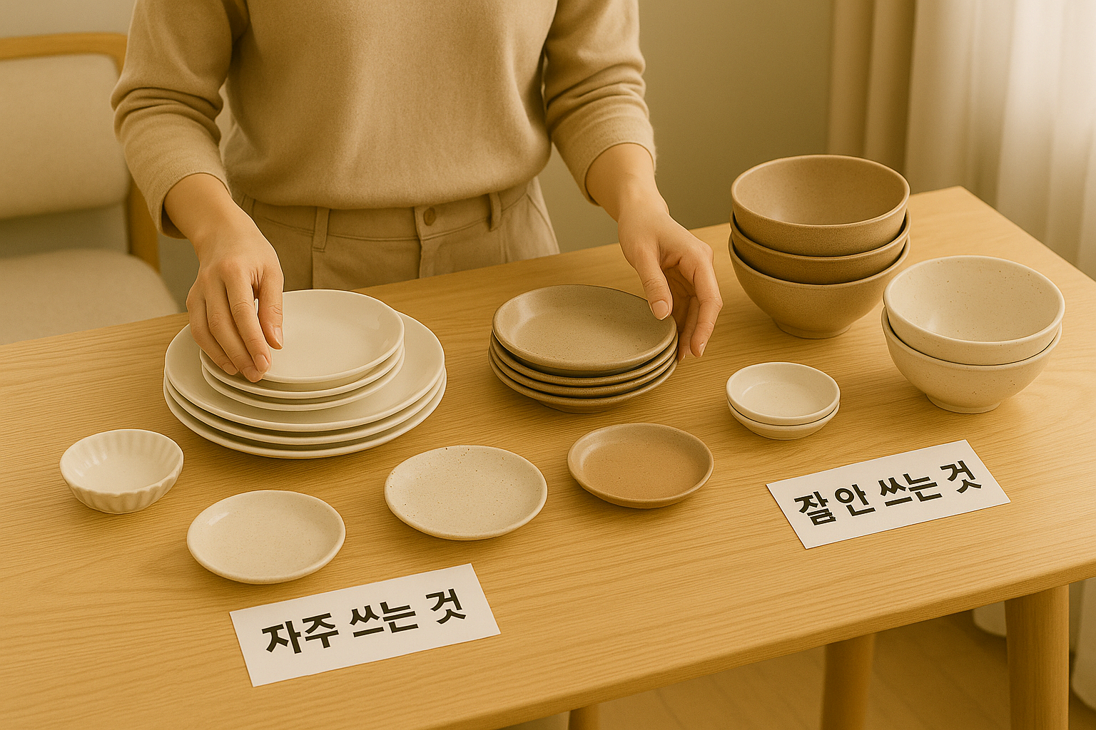 주방에서 자주 쓰는 그릇과 잘 안 쓰는 그릇을 분류하는 모습