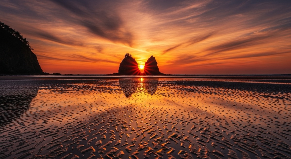 서해안의 대표적인 일몰 명소인 태안 꽃지해수욕장에서 두 바위 사이로 해가 지고 있는 아름다운 풍경