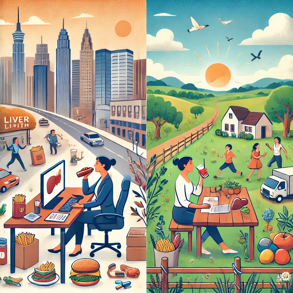 도시와 시골에서의 간 건강 관리 방법을 비교한 이미지